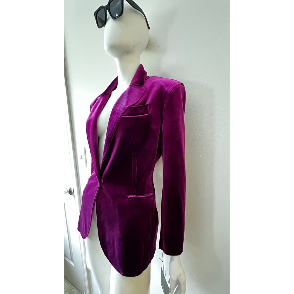 Norma Kamali Raspberry Velvet Blazer XS 34 90s Glam Power Shoulder Party - Picture 4 of 7